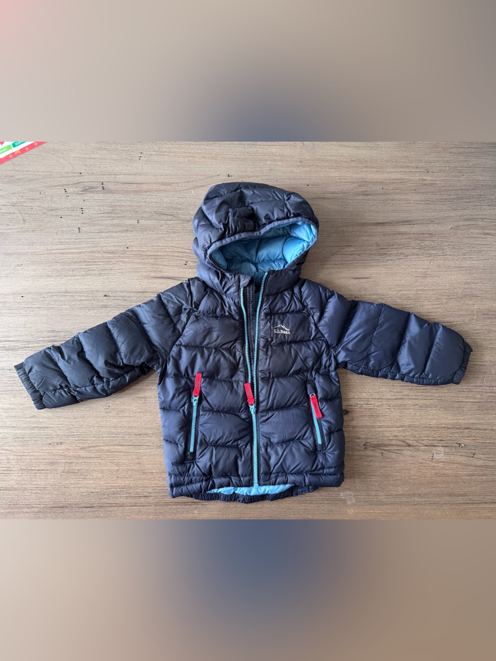 L.L. Bean Kids navy Puffer Jacket with Light Blue Lining and Red Pulls